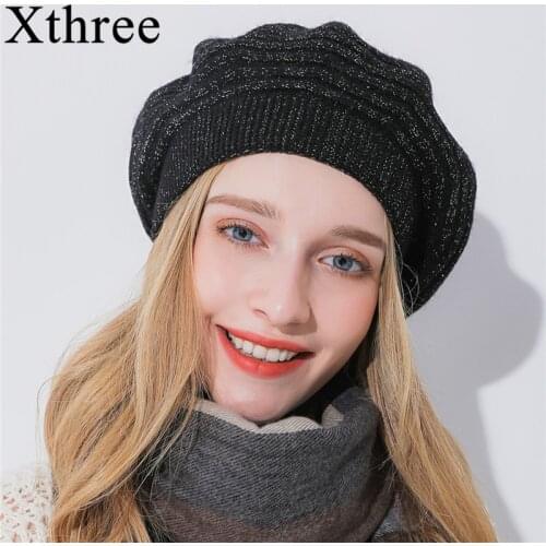 Xthree Women Winter Hat Cashmere Beret Hat Bright Silk Thread Knitted Hat Rabbit Fur Beret for Girl Fashion Lady Cap