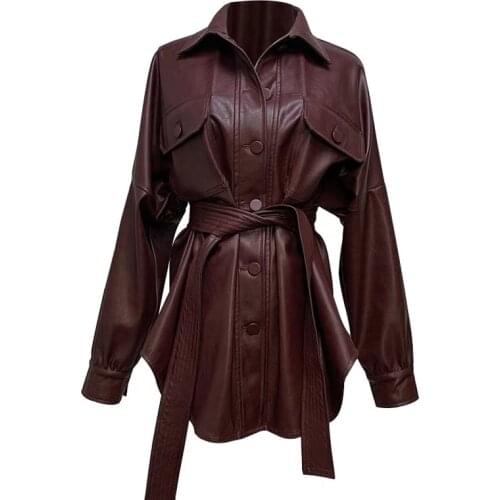 2020 spring autumn new fashion handsome PU coat women motorcycle loose turn down collar top jacket