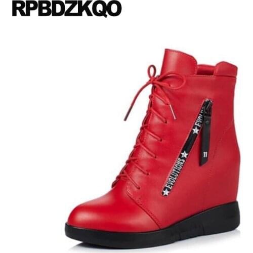 High Heel Wedge Ankle Shoes Women Fur Round Toe Height Increasing Red Front Lace Up Casual Boots Autumn Genuine Leather Winter