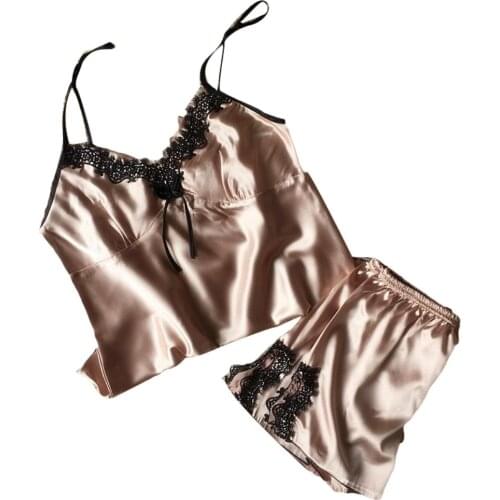 Women Sexy Spaghetti Straps Bow Camisole Shorts Lace Stitching Sleepwear Set Sexy sleep wear for women perfect gifts