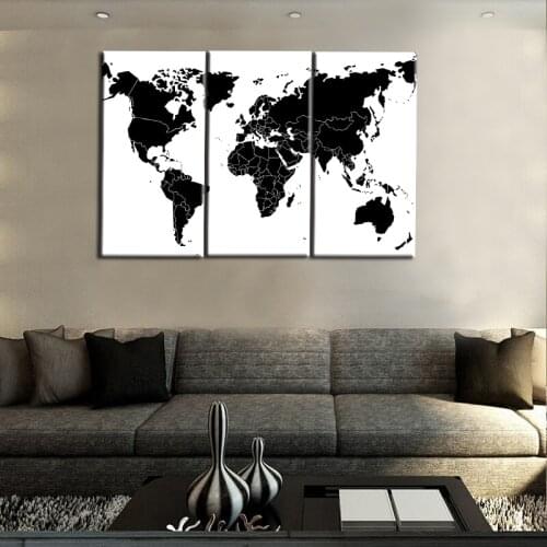 3 Panel Abstract Black and White World Map Posters HD Print Canvas Wall Art Pictures Paintings Home Decor Living Room Decoration