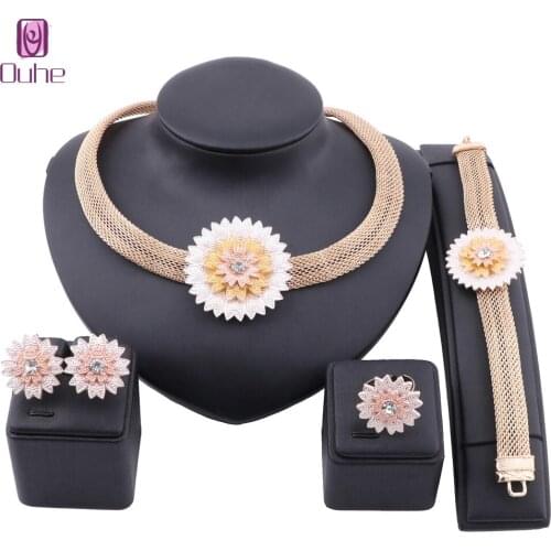 African Jewelry Flower Crystal Necklace Earrings Dubai Gold Jewelry Sets for Women Wedding Bridal Bracelet Ring Set