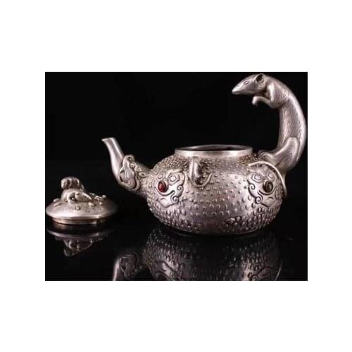 Antique Chinese Handcrafted gemstone silver mouse jug jug kettle ornaments,Handicrafts,best collection&adornment, Free shipping