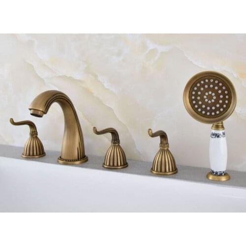 Antique brass 5piece Bathtub fauce bathroom faucet for hot and cold Mixer tap Sink faucet 3 handle 5 hole Ntf243