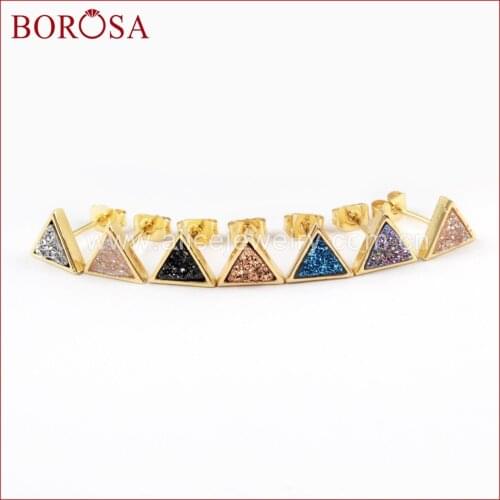 BOROSA New Triangle Gold Color Bezel Rainbow Titanium Druzy Stud Earrings Agates Drusy Earring For Women Fashion Jewelry ZG0279