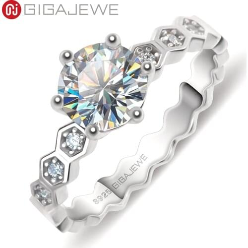 GIGAJEWE 1.0ct 6.5mm EF Round 18K White Gold Plated 925 Silver Moissanite Ring Diamond Test Passed Jewelry Christmas Gift