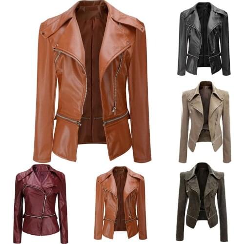 Punk Women Faux Leather Solid Color Long Sleeve Lapel Faux Leather Motorcycle Jacket Coat woman Outerwear Coats bomber jacket