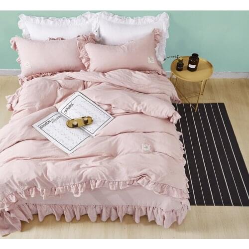 Korean Princess Style Pink White Gray Yellow Polyester Girl Bedding Set Ruffles Duvet Cover Bed Linen Fitted Sheet Pillowcases