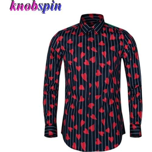 High quality 100% Pure Cotton Shirt men 2019 Fashion Red-heart Printed Camisas masculina long sleeve Slim Casual mens Shirts 4XL