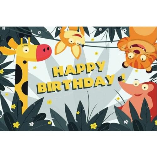 Happy Birthday Animals and Black Leaves Backdrop Holiday Photography Background Celebration Photo Booth Studio Decor