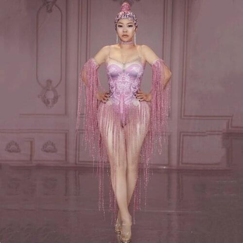 Sexy Nightclub Women Singer DJ Costume Big Stretch Leotard Pink Crystals Tassel Bodysuit Bar Party Show Performance Stage Tights
