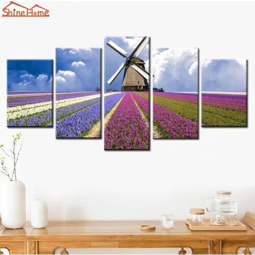 ShineHome-5 Pieces Canvas Prints Painting Purple Lavender Windmill Modular Painting Modern Picture No Frame on Wall Home Decor