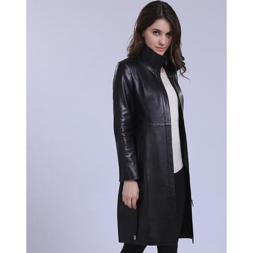 2016 lady medium-long natural sheepskin trench stand collar genuine leather clothing womens outerwear slim leather jacket