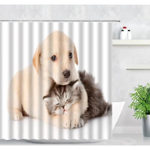 Funny Cats Dogs Shower Curtains Set Cute Animals Pet Home Wall Decor Cloth Bathroom Waterproof Polyester Bath Curtain With Hooks