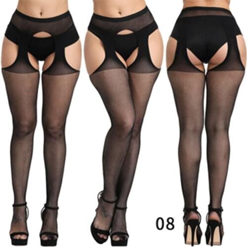 Women Lace Suspender Pantyhose Elastic Tights Hollow Sheer Sexy Fishnet Open Crotch Pantyhose