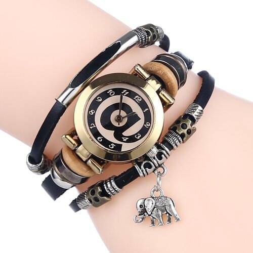 Gnova Platinum Leather Women Watch Elephant Charm Black At Dial Stainless Strap Bracelet Wristwatch Fashion Quartz Clock A551