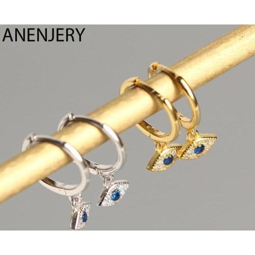 ANENJERY 925 Sterling Silver Blue Eyes Hoop Earrings For Women Simple Cute Zircon Ear Buckle Retro Jewelry Wholesale