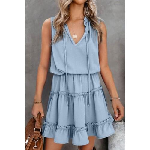 Sleeveless Pullover Cupcake Dress Solid Color Black Blue Womens Ruffled Dress Patchwork Elegant V-neck Lace-up Female Dresses