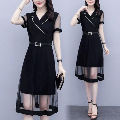 Women mesh summer plus size L-5XL dress fat XXL XXXL 3XL XXXXL 4XL XXXXXL 100KG woman office ladies work wear belt party dresses
