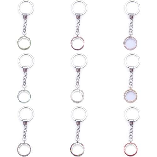 10pcs 30mm Stainless Steel Key Ring Twist Waterproof Glass living Memory Locket colorful Rhinestone Keychain for Floating charms