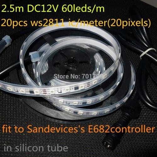 2.5m DC12V 60leds/m 20pcs ws2811 ic/meter(20pixels) led digital strip;in silicon tube;WHITE PCB;with 2m long 4core male conector