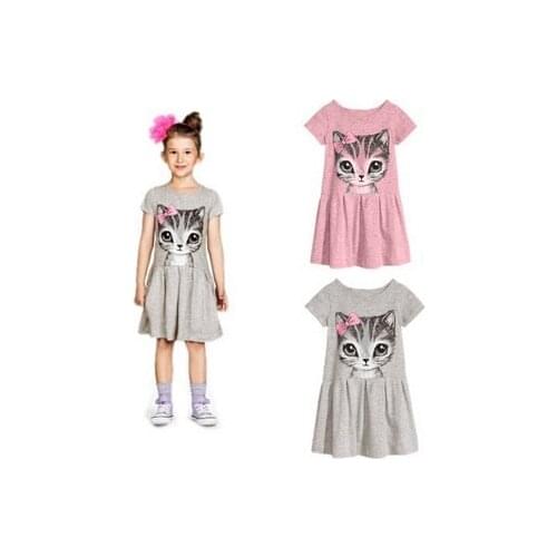 2016 Summer Cute Girl Dress Cat Print Grey Baby Girl Clothing Children Dreses Suitable 2-9 years