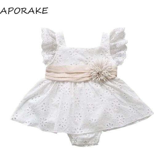 2021 0-24M Summer Kids Girls Romper Dress 3D Flower Hollow White Solid Lace Short Sleeve Tunic Playsuit Princess Dress