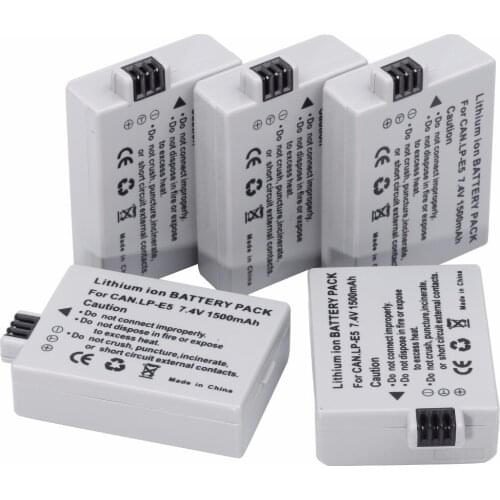 5Pcs Probty 1500mAh LP-E5 LPE5 LP E5 Battery For Canon EOS Rebel XS Rebel T1i Rebel XSi 1000D 500D 450D Kiss X3 Kiss X2 F Camera