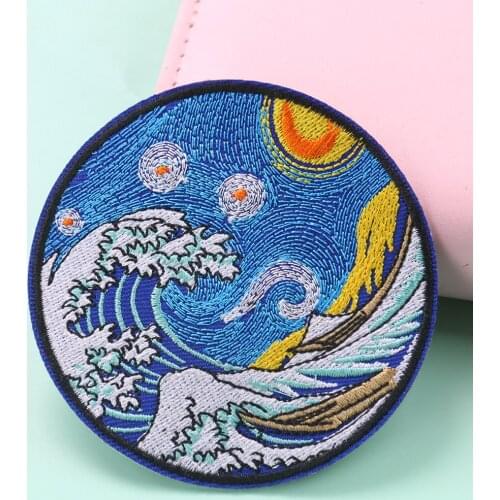 5PCS Van Gogh Embroidered Patches Cartoon Wave DIY Applique Iron on Patches for Clothing Stickers Stripe Badges Apparel Sewing