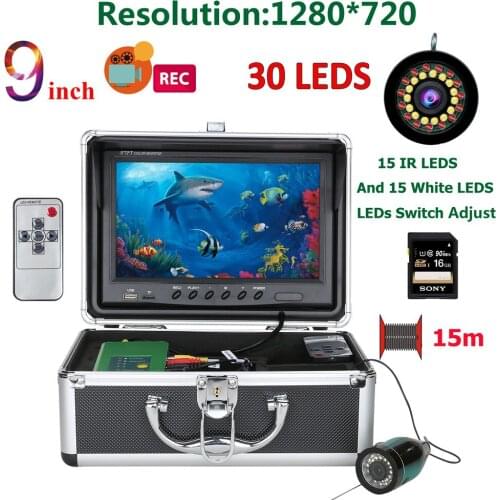 9 inch Double Lamp 15M/30M DVR Fish Finder Underwater Fishing 1080P Camera HD 1280*720 Screen Camera For Fishing 16G
