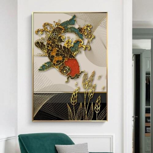 Abstract Gold Fish Canvas Painting Modern Poster Art Cuadros New Chinese Style Decoration Wall Pictures for Living Room Decor