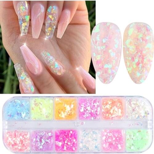 12Grid Aluminum Foil Nail Glitter Sequins Flakes Irregular Paper UV Gel Polish Design Butterfly Nail Art Decoration Accessories