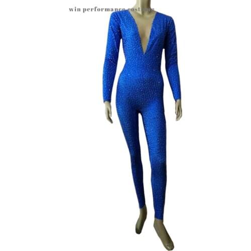 Sparkly Full Blue Rhinstone Jumpsuit V Neck Mesh Celebrate Outfit Evening Prom Party DJ DS Costume Leggings Stage Leotard