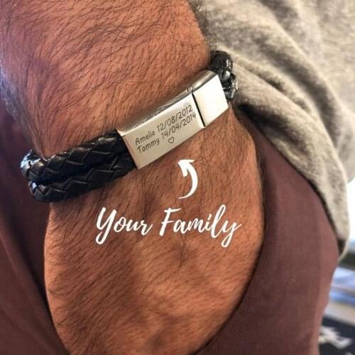 Personalized Mens Leather Bracelets Custom Engraved Text Name Date Strong Magnetic Clasps Bracelet For Male Birthday Jewelry Gif