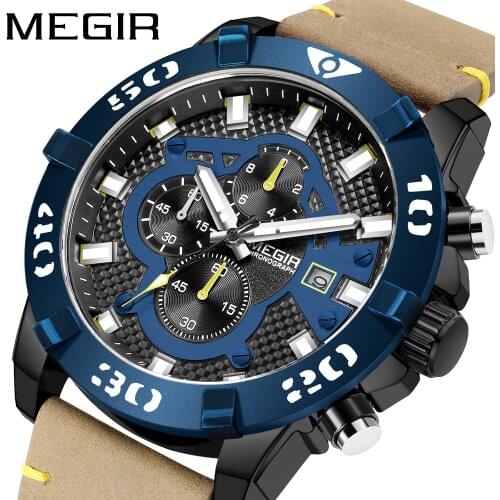 MEGIR 2021Top Brand Luxury Quartz Watches Original Men Watch Leather Blue Strap Waterproof Wristwatches Clock Relogio Masculino