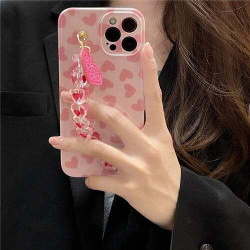Pink Heart Bracelet Hand Holder Cover For IPhone 12 11 Pro MAX XS XR X 7 8 Plus SE 20 Fashion Girl Chain Strap Phone Case Fundas