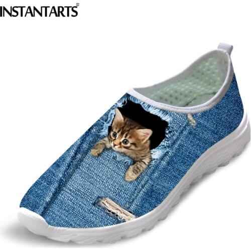 INSTANTARTS Womes Shoes Cute Pet Denim Cat Print Casual Sneakers Adult Mujer Tenis Summer Breathable Light Slip On Flat Shoes