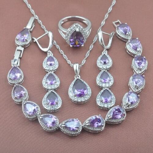 Exquisite Australia Purple Crystal Jewelry Set For Women Silver Color Earring Necklace Pendant Ring Bracelet 2020 New YZ0185