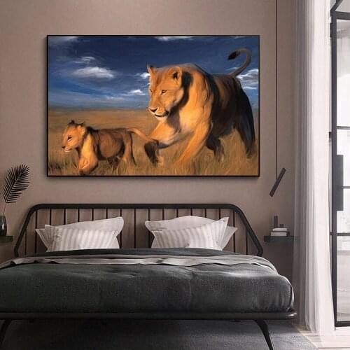 Modern Animal Art Lion and Child Canvas Painting Posters and Prints Wall Art Picture for Living Room Home Decor (No Frame)