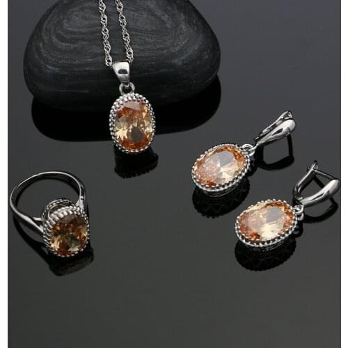 Champagne Crystal White Zircon 925 Sterling Silver Jewelry Sets For Women Earrings/Rings/Pendant/Necklace Set