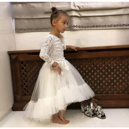 Classic Custom Madde Toddler Ivory Long Sleeves High Low Lace Wedding Birthday Dresses Flower Girl Dresses for Junior Girls