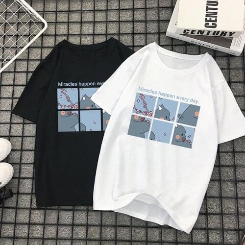 Miracles happen everyday cute dinosaur cartoon Ulzzang Summer women tops casual Japanese letter printed vintage Girls T-shirt