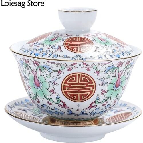 Loiesag 150ml Retro Enamel Palace Three Talents Cover Bowl Tea Set Tracing Gold Kung Fu Gaiwan Chrysanthemum Tea Tea Maker Cup