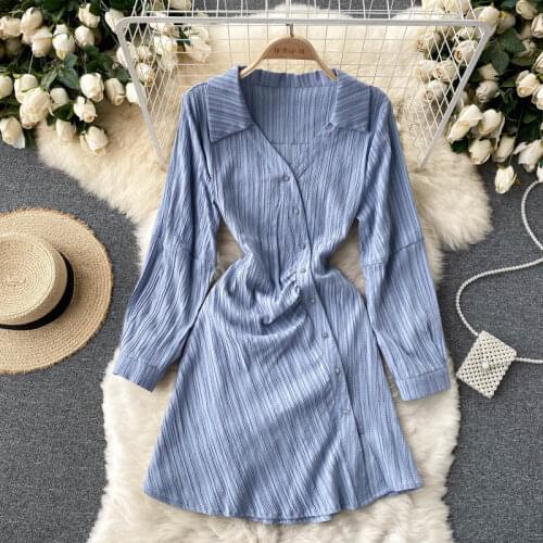 2021 Autumn New Style Vestidos Female V-neck Long-sleeved Retro Striped Asymmetric Shirt Mini Dress DF548