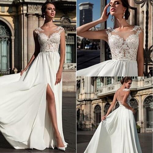 Charming Tulle & Chiffon Scoop Neckline A-line Wedding Dress Lace Appliques Sexy Split Illusion Back 2019 Cheap Bridal Gowns