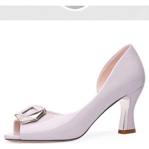 Women sandals PU Slip On 7CM Thick heel High heels Peep Toe Metal decoration Shallow sandal women shoes 2020 size 35-42