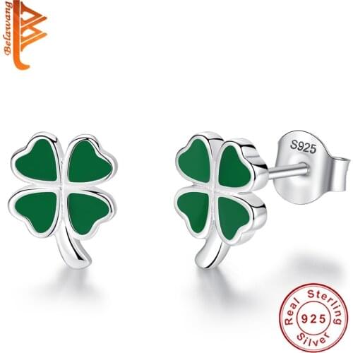 925 Sterling Silver Stud Earrings Green Enamel Lucky Clover Heart Stud Earrings For Child Girl Kids Fashion Silver Jewelry