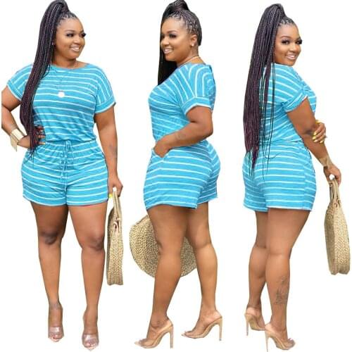 Track Suit Women Two Piece Outfits Striped Printed Loose T-Shirt Top Biker Shorts Casual Home Wear Plus Size Wholesale Items