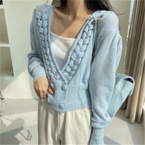 Vintage Womens Sweater Korean Casual V-neck Solid Color Long Sleeve Twist Knit Carigans Fashion Tide 2021 Jumpers