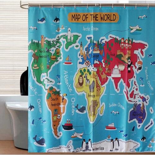 Cartoon animal world map curtains HD digital printing polyester waterproof shower curtain creative gift for kids